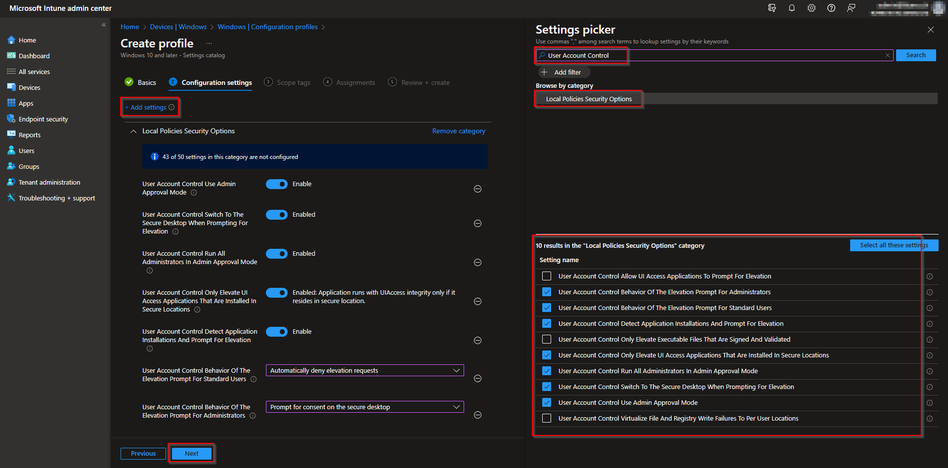 Detailed UAC settings configuration